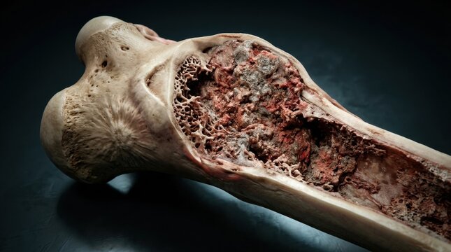 Visual representation of bone tumor osteosarcoma in a veterinary case showing internal structure and condition of the bone.