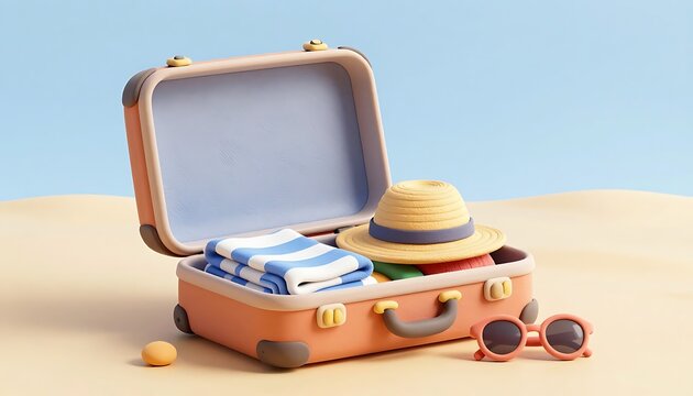 Colorful suitcase with summer clothes, accessories and sunglasses on sandy beach, 3d style