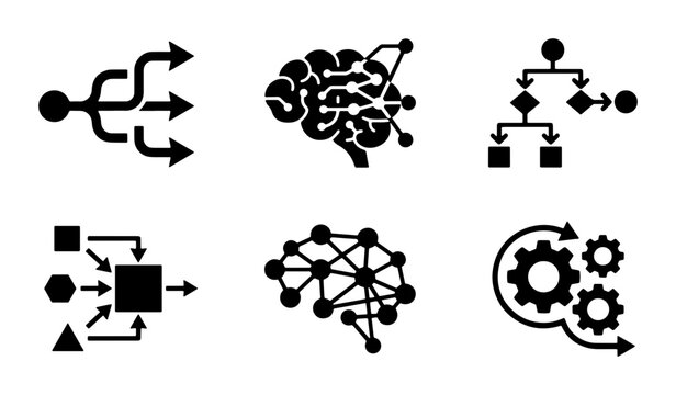 AI and Machine Learning Icons: Neural Networks, Brain Processing, Flowcharts, Algorithms, and Gears for Technology Concepts