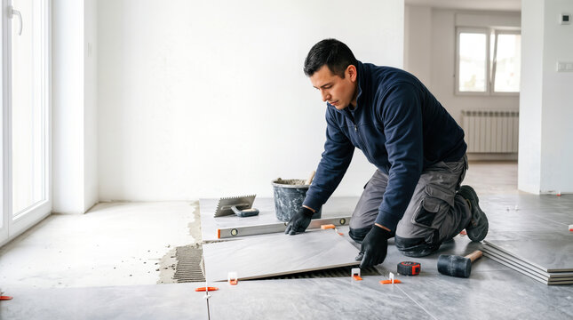 Professional tiler installing floor tiles in modern living room with natural light. Expert worker lays tiles meticulously on surface with precision tools nearby.