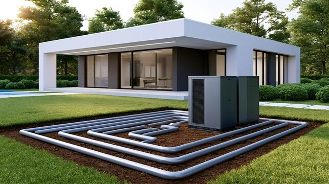 Geothermal heating and cooling system with exposed ground loop pipes and outdoor units supplying sustainable energy to a contemporary residential home in a green garden environment