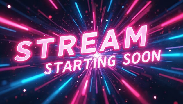 Cyberpunk stream starting soon graphic with neon pink and blue lights. Energetic futuristic background for online broadcast announcement, broadcast begins shortly, exciting content ahead.