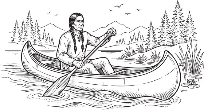Man rowing a canoe on a calm river with mountains and pine forest background, hand-drawn vector sketch in detailed vintage engraving style.