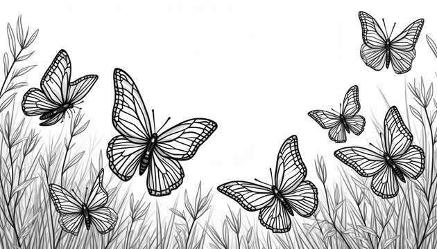 Monochrome line art illustration features several butterflies flying above thin grass stalks. Simple, elegant design for coloring books or nature themes. Ideal for children, adults seeking relaxation.