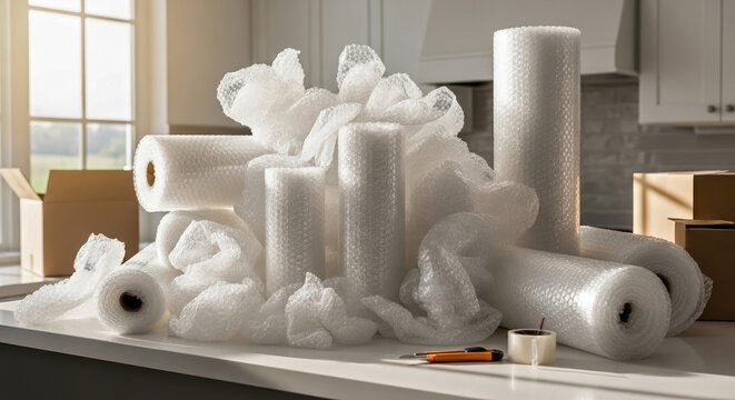 Kitchen counter covered with rolls of bubble wrap and packing tape. Preparation for moving house with cardboard boxes in background
