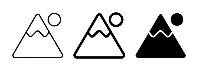 Mountain Icons Set, Minimalist Landscape Symbols, Peak and Sun Graphics, Vector Graphics for Outdoor Adventure and Nature Themes © Jannatul