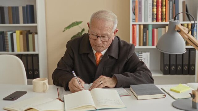 Man writing with pen at desk, surrounded by open notebooks, stack of books, mug, lamp and bookshelf in a building; reflective.