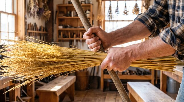 Artisan hands holding bundle of dried straw and tying it to wooden handle to make traditional broom