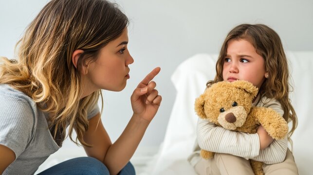 Mother scolding an upset child holding a teddy bear, illustrating parenting challenges, discipline, frustration, and children's emotional struggles at home