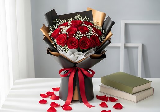 Bouquet of red roses and babys breath flowers with books on table