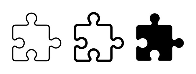 Fototapeta premium Puzzle Piece Icons, Set of 3, Outline and Solid Black, Graphic Elements for Connection and Solution Concepts