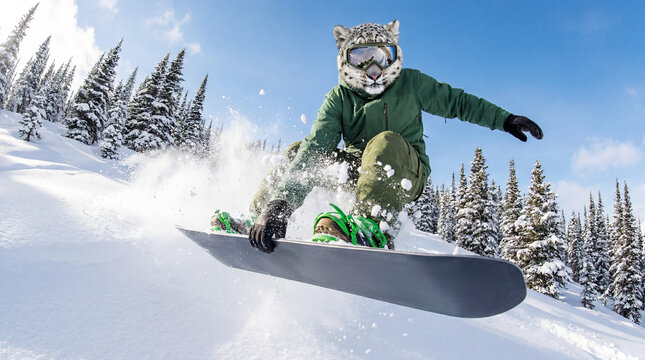 Snowboarder with snow leopard head flying through deep powder on sunny alpine slope