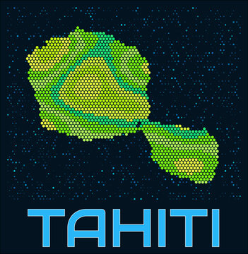 Tahiti hexagon dots map. French Polynesia. Digital style shape of the island. Tahiti map and title. Tiny green colored hexagons, sparse blue dots at background. Vector Illustration.