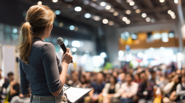 Woman holding microphone while presenting to large audience ,people, women speaking, men sitting on the chair with interest, people with booknote writing, man speaking with other,