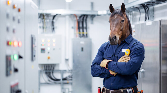 Horse-head electrician standing confidently in industrial electrical room with tools and safety gear