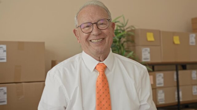 Man smiling showing teeth beside stacked cardboard boxes in a small business storage building; pride reliability.