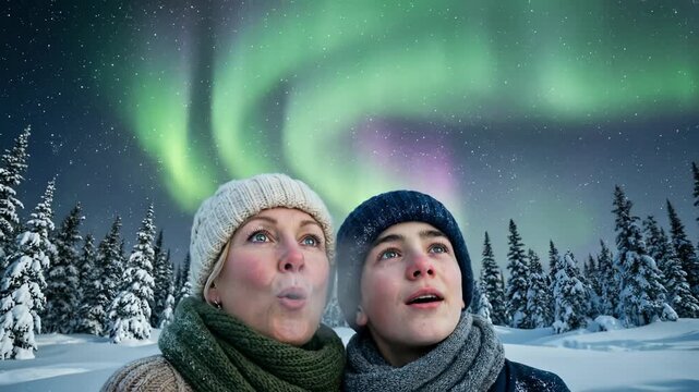 Woman and boy gazing at northern lights in snowy forest. Mother and son in awe of aurora borealis. Winter night sky display in arctic woodland setting