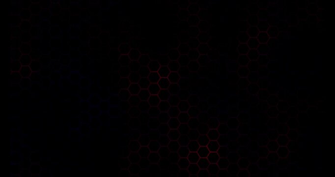 Abstract dark background with a glowing red and blue hexagonal honeycomb pattern, representing technology or science.