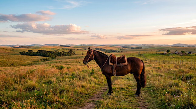 Cavalo selado em campo aberto com paisagem rural ampla