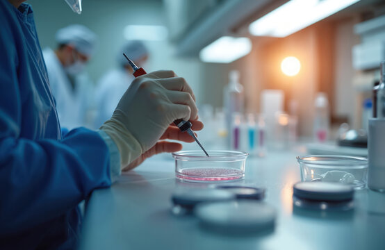Scientist uses micro pipette for petri dish cell culture. Medical research lab tech works with sample, furthering biotech science. People in lab coats behind.