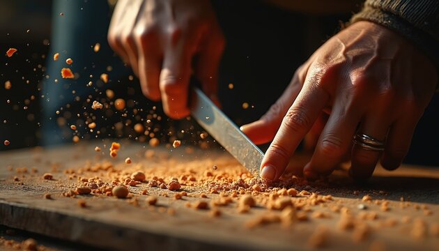 Woodworker uses sharp tool to shape wood plank creating fine sawdust. Hands hold blade precisely, working in rustic workshop. Detail of manual craft, skilled labor, and timber shaping process.