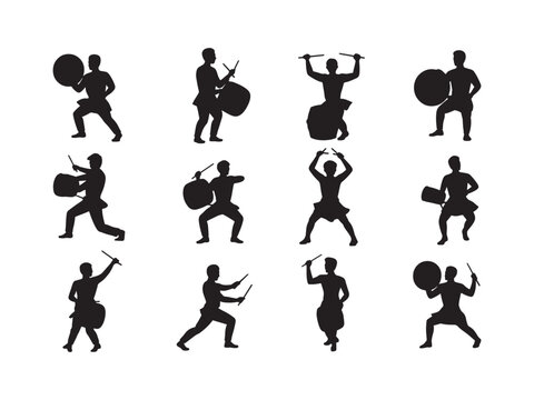 Collection of black silhouettes of drummers playing various percussion instruments, isolated on a white background, featuring diverse poses, drumsticks, and rhythmic musical