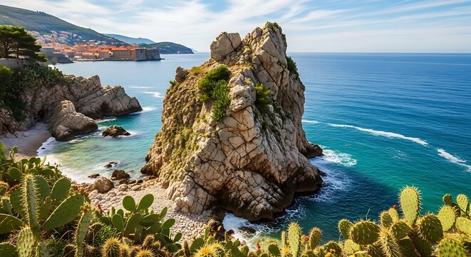 Rocky Coastal Sea Stack Rising From Turquoise Water Near Mediterranean Town