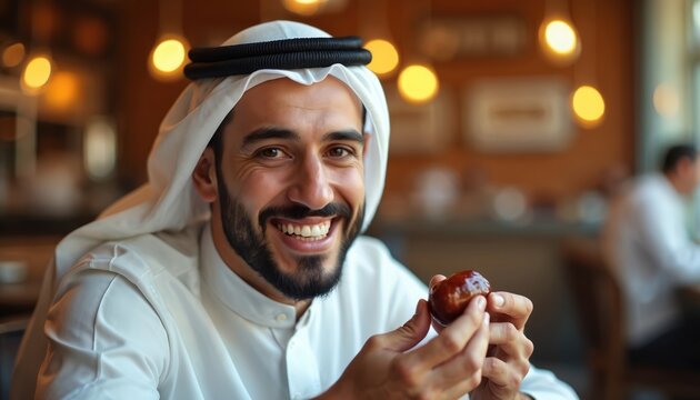 Smiling arab man in traditional thobe holds date fruit. He sits in cafe enjoying sweet snack. Warm light illuminates his face and beard. Peaceful mealtime in middle eastern eatery.
