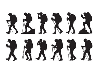 Collection of black silhouettes showing hikers with large backpacks and trekking poles in various walking and exploring poses, isolated on a white background, for outdoor themes © Sabbir Art Express