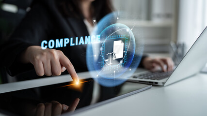 Naklejka premium Technology solutions for regulatory and legal compliance. Ensuring business adherence to laws and standards through automated compliance management. Motif