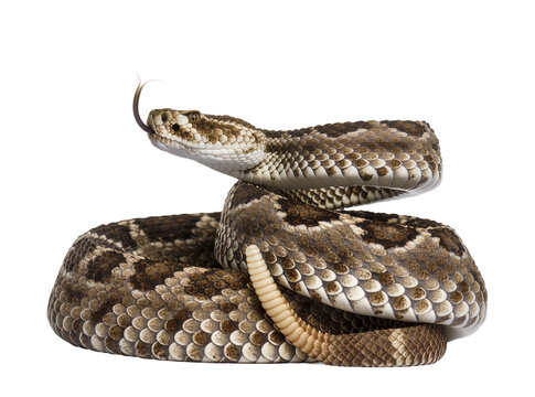 Isolated coiled rattlesnake showing scales and flicking tongue, dangerous venomous viper animal.