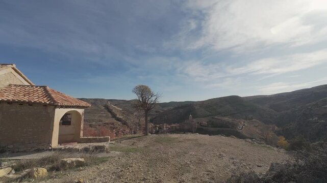 Scenic aerial view flying over albarracin medieval town in spain