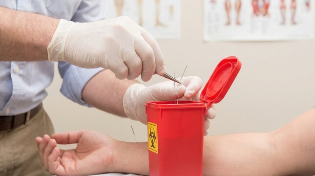 Medical professional using tweezers to dispose of used acupuncture needles into red biohazard sharps container
