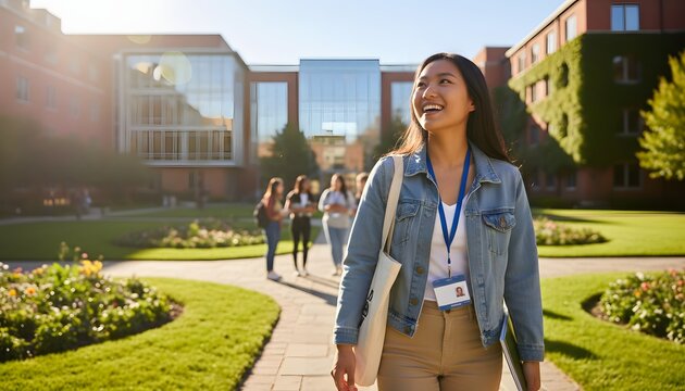 Smiling youth enjoying university visit during an open campus tour, happy student exploring higher education facilities for future career growth concept, sunny day