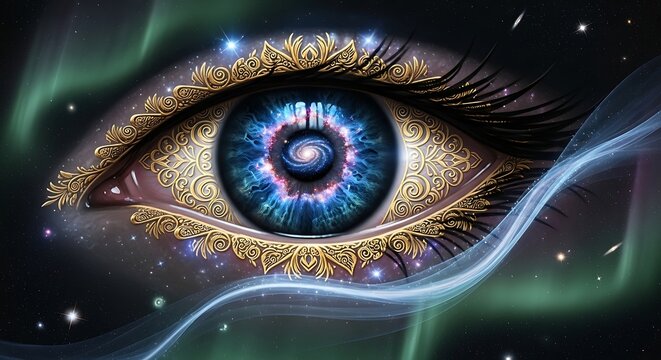 Ornate Cosmic Eye Gazing Through Starry Galaxy Background