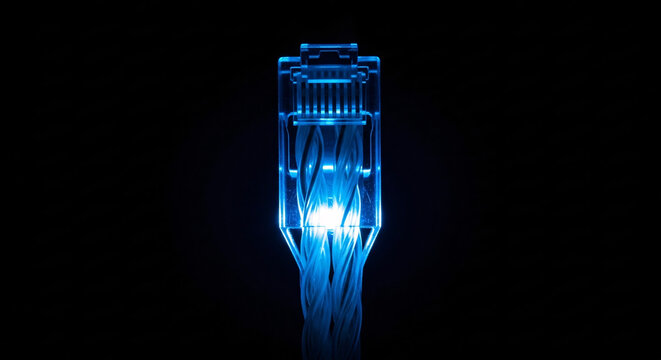 Close-up shot of a glowing blue fiber optic cable connector against a dark background with a shallow depth of field.