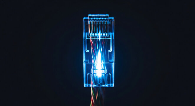 Close-up of a glowing blue electrical connector with wires against a dark background.