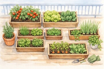 Naklejka premium Watercolor illustration of a balcony vegetable garden with wooden container boxes, tomato, carrot and herb plants. Top view of urban gardening hobby. Fresh organic food growth at home concept