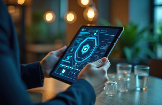 Man in suit holds tablet showing digital dashboard with charts and data. Focus on business analytics and corporate strategy. Pro checks performance metrics on screen.