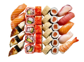 Isolated traditional Japanese assorted sushi set with salmon, tuna, shrimp, eel, and various maki © David