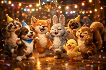 Fototapeta premium Animals dancing at party with disco ball and confetti. Happy wildlife friends celebrating together in festive atmosphere. Cute creatures having fun