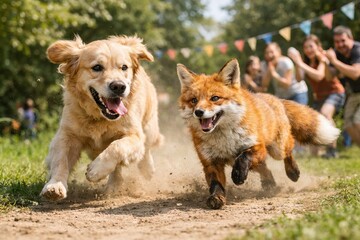 Fototapeta premium Golden retriever and fox running together on sunny field. Happy animals playing outdoors. Diverse group of people in background