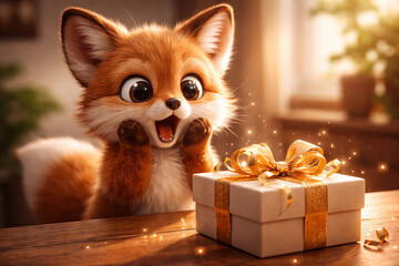 Obraz premium Cute fox with big eyes looking surprised at a gift box on a wooden table. Magical festive illustration of an excited animal celebrating a holiday with a present. Celebration and joy concept
