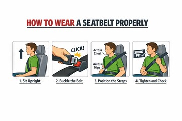 Illustration guide on how to wear a seatbelt properly for road safety. concept of safe driving practices, passenger safety, step-by-step instructions