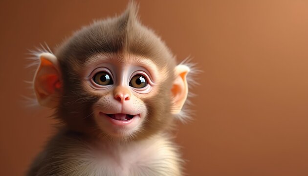 Baby monkey with brown fur winks and smiles. Cute primate face with big eyes sits on plain brown background. Small mammal shows happy emotion. Adorable infant animal.