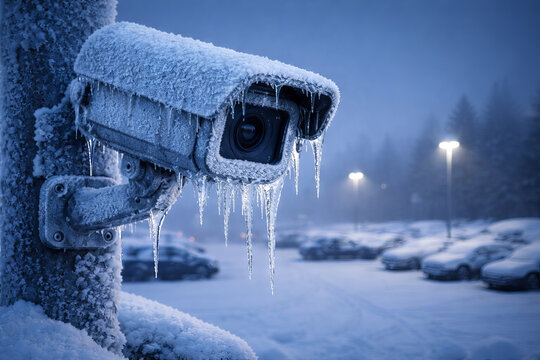 Frosty security camera covered in ice and snow on a cold winter night in parking lot. concept of surveillance, winter conditions, outdoor security system