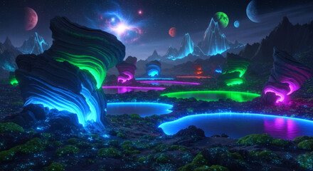 Fototapeta premium Vibrant neon-lit landscape with glowing blue, green, and pink lights, featuring unique rock formations and a futuristic atmosphere under a starry night sky with planets.