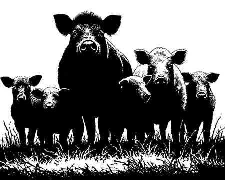 A group of wild boars including adults and piglets stand together in tall grass rendered in black and white illustration style.