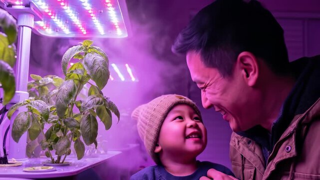 Joyful Father and Son Laughing Amid Hydroponic Basil Garden Under Vibrant LED Lights