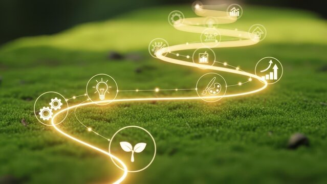 Futuristic glowing network path with icons on green grass field at dusk